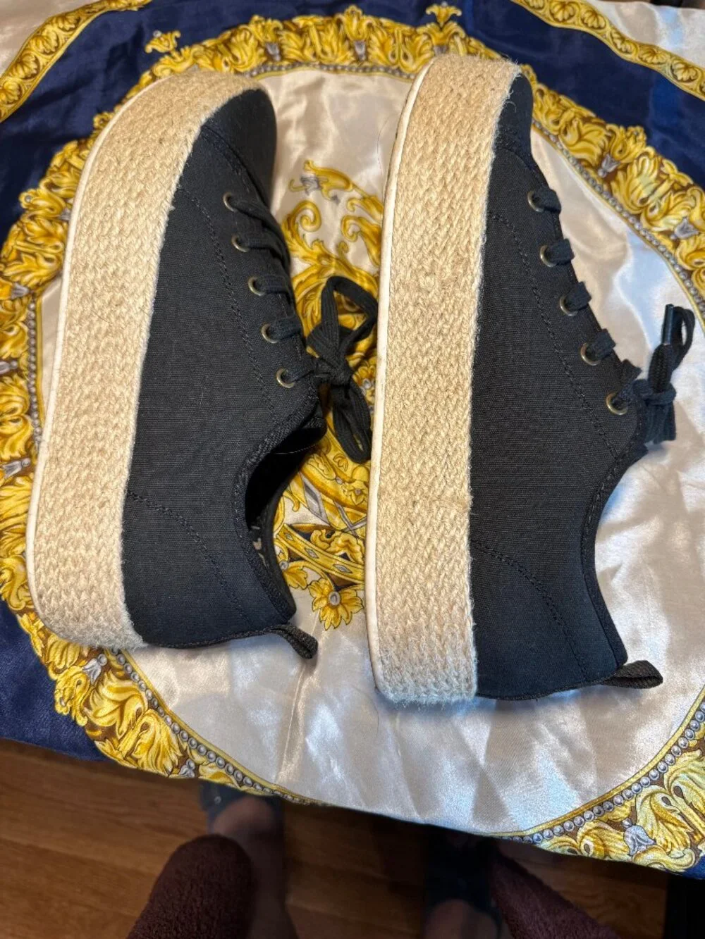 BOBS from Skechers Black Canvas Jute Platform Espadrille Sneakers Size 8